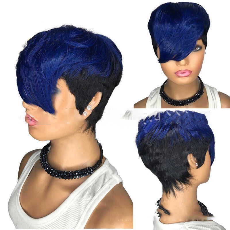 Perruque Bob Pixie naturelle Remy, cheveux courts et lisses, couleur ondulée ombrée bleue, sans colle, Non Lace, vente en gros, pour femmes noires