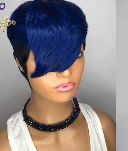Blaue Ombre Wellenförmige Farbe Kurze Gerade Bob Pixie Cut Made Glueless Non Lace 100 Remy Echthaar Perücken Großhandel für schwarze Frauen