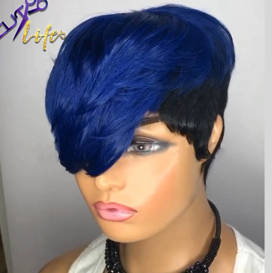 Perruque Bob Pixie naturelle Remy, cheveux courts et lisses, couleur ondulée ombrée bleue, sans colle, Non Lace, vente en gros, pour femmes noires