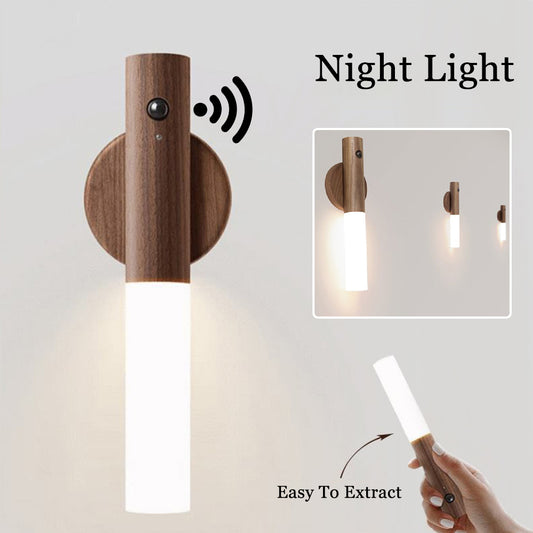 Lampe LED magnétique sans fil en bois avec capteur de mouvement PIR, luminaire décoratif d'intérieur, idéal pour un couloir, un porche ou une armoire, USB